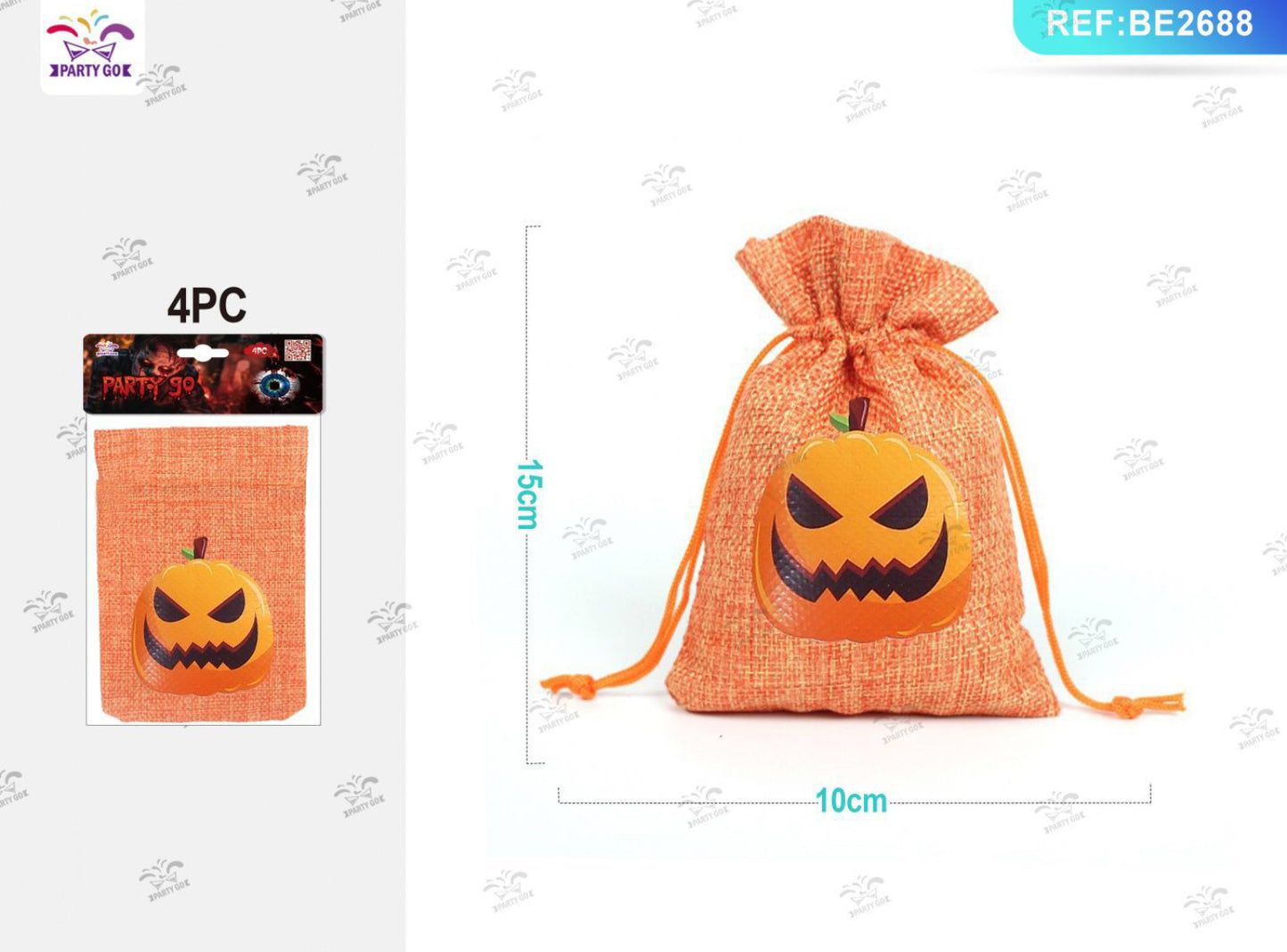 HALLOWEEN sacchetto di juta arancione zucca 10x15cm 4pz
