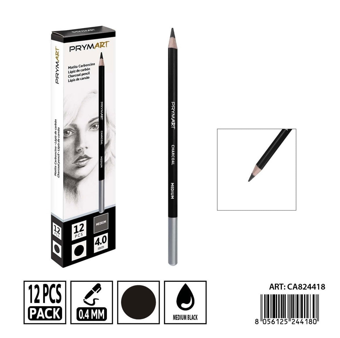 PRYMA MATITA CARBONCINO D.4MM NERO MEDIUM 12PZ