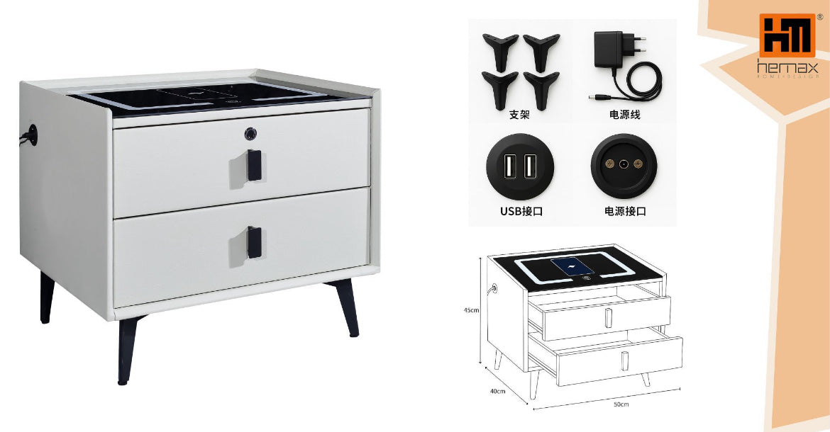 COMODINO bianco LED +ricarica wireless e porta USB