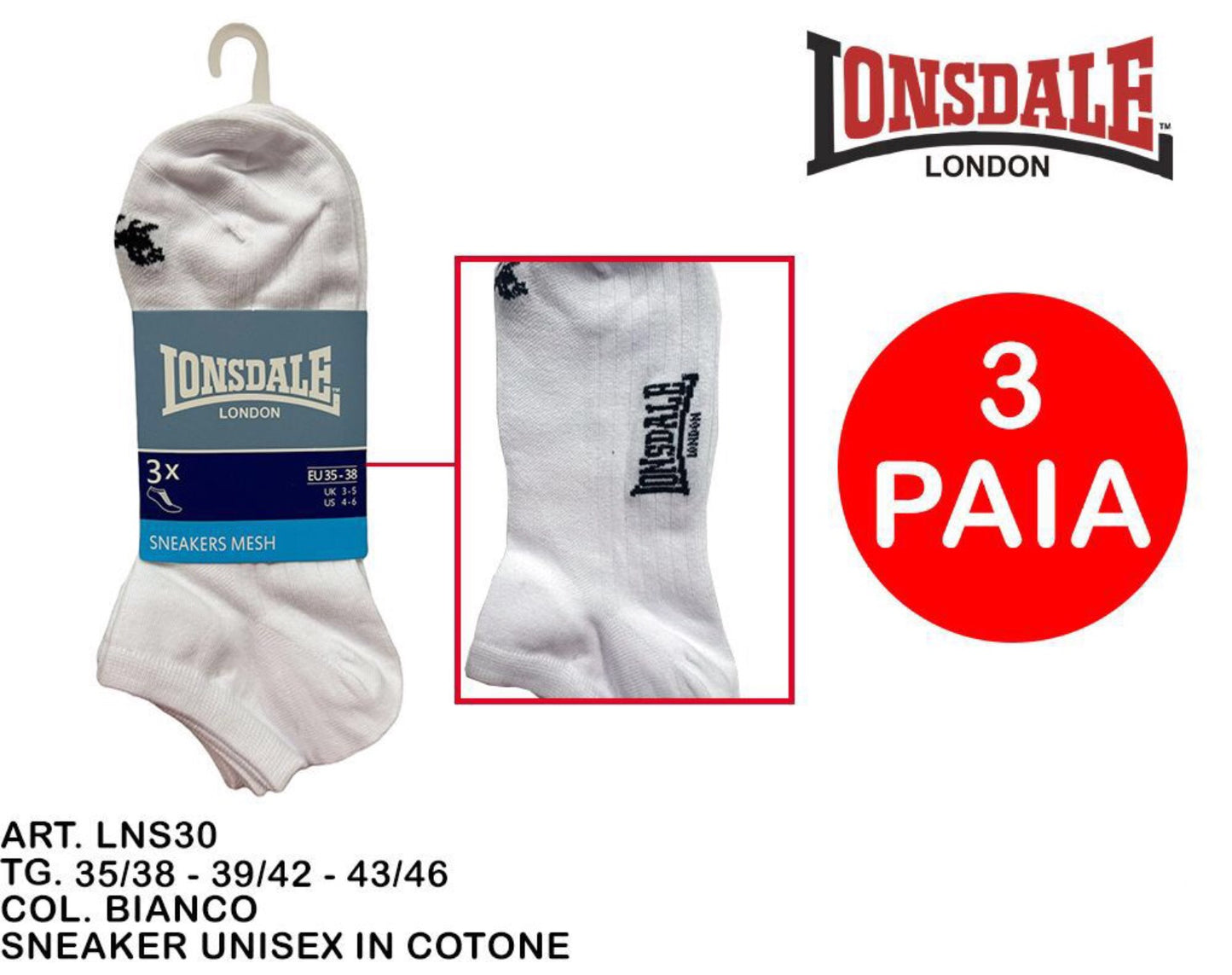 LONSDALE calze sneaker unisex bianco 3paia