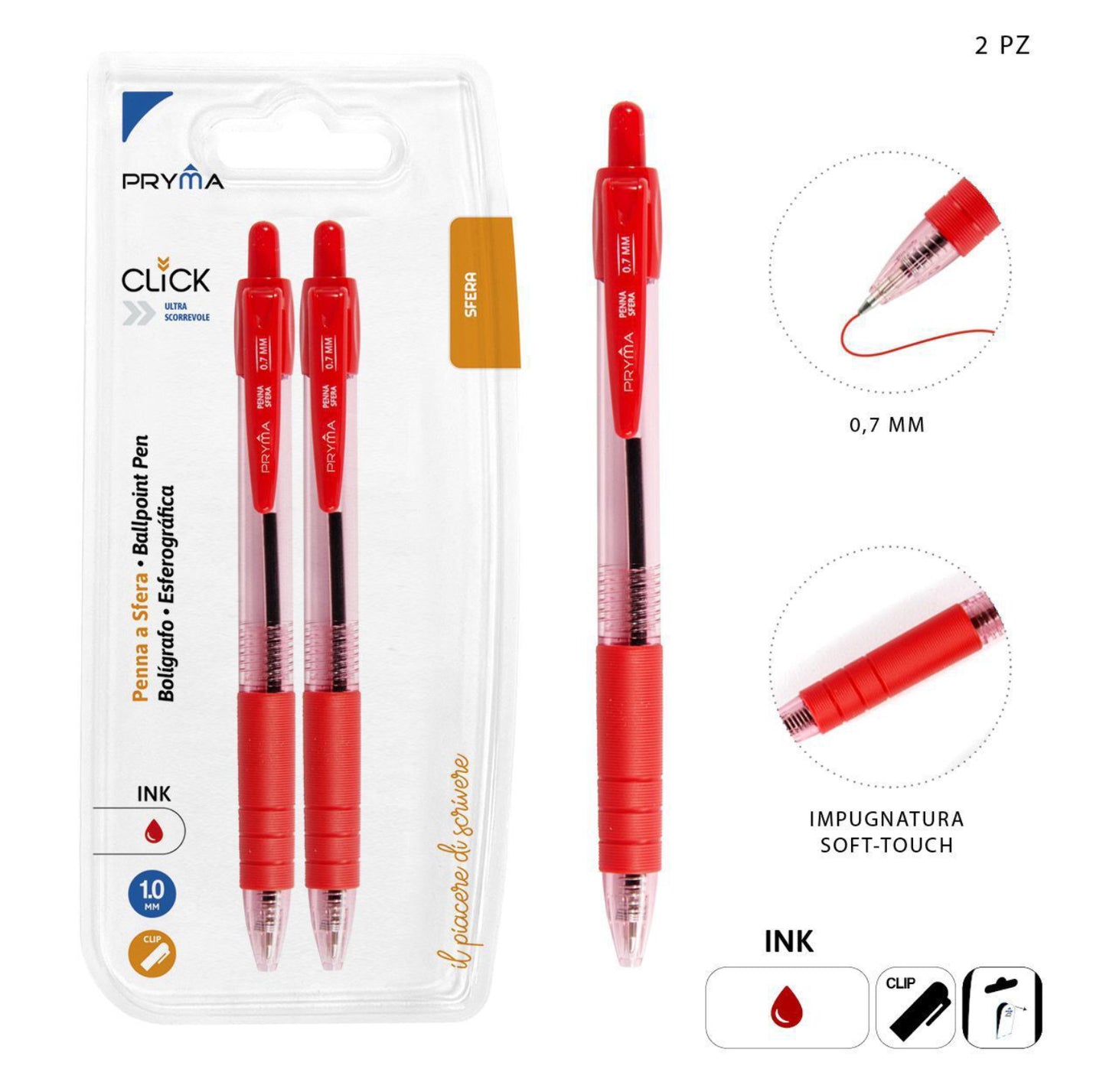 PRYMA Penna a sfera CLICK 0,7mm 2pz rosso