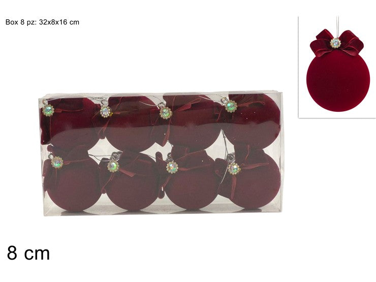 NATALIZIA PALLE 8 CM SET 8PZ BORDEAUX VELLUTO C FIOCCO IN PVC