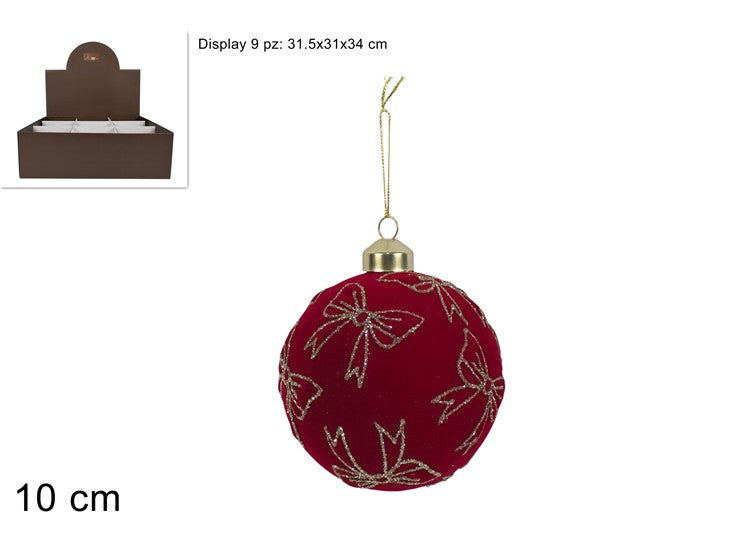 NATALIZIA PALLA VETRO 10 CM IN VELLUTO ROSSO C FIOCCO GLITTERATO