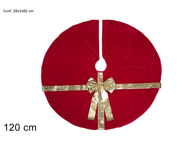 NATALIZIA TAPPETO ALBERO 120CM PELLICCIA ROSSA CON FIOCCO LAMINATO ORO