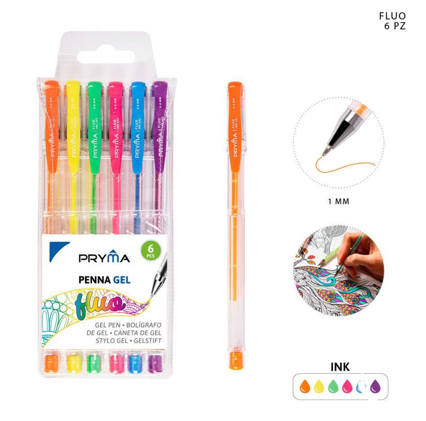 PRYMA penna gel fluo 1mm 6pz