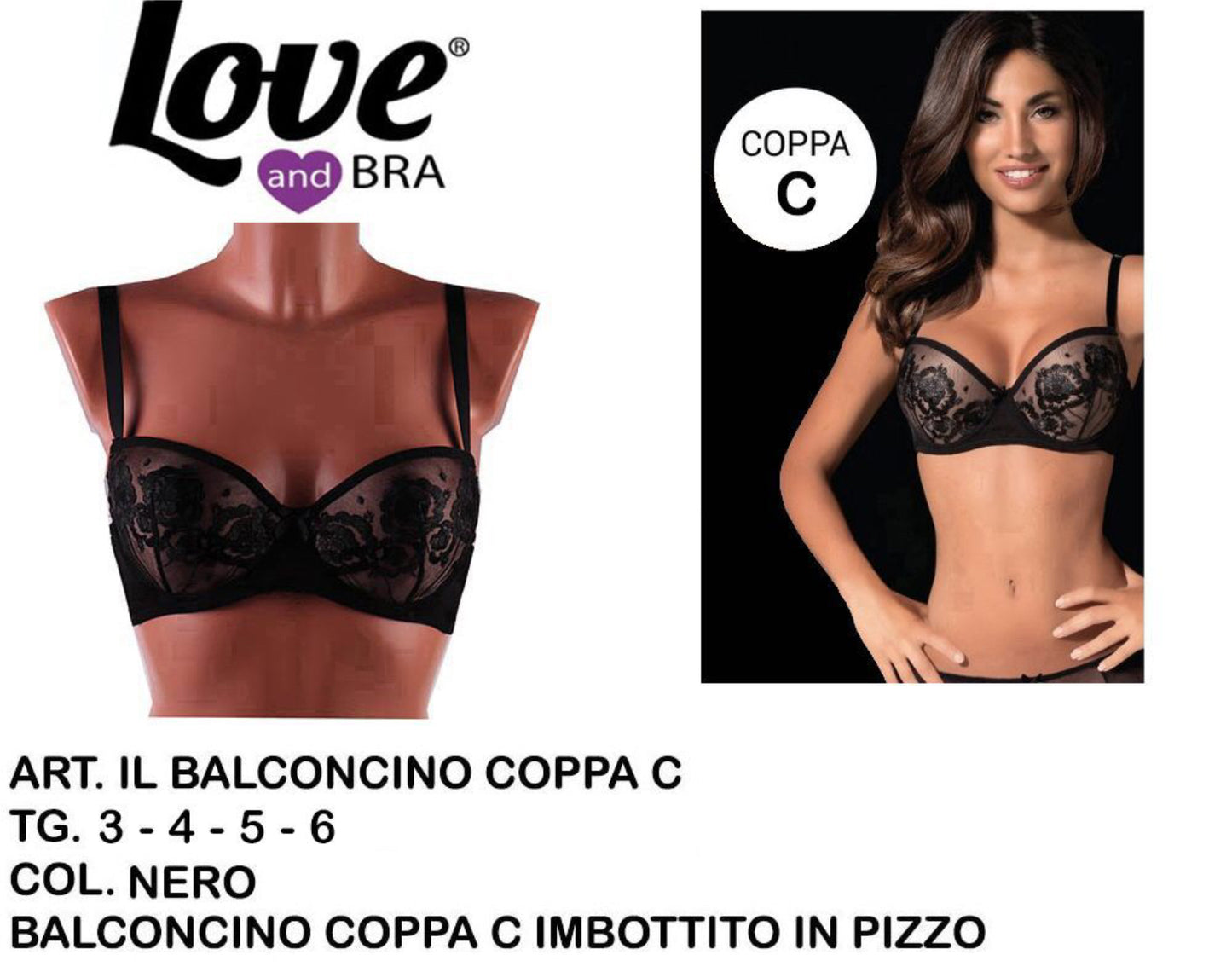 BALCONCINO reggiseno coppa C inbottito in pizzo nero