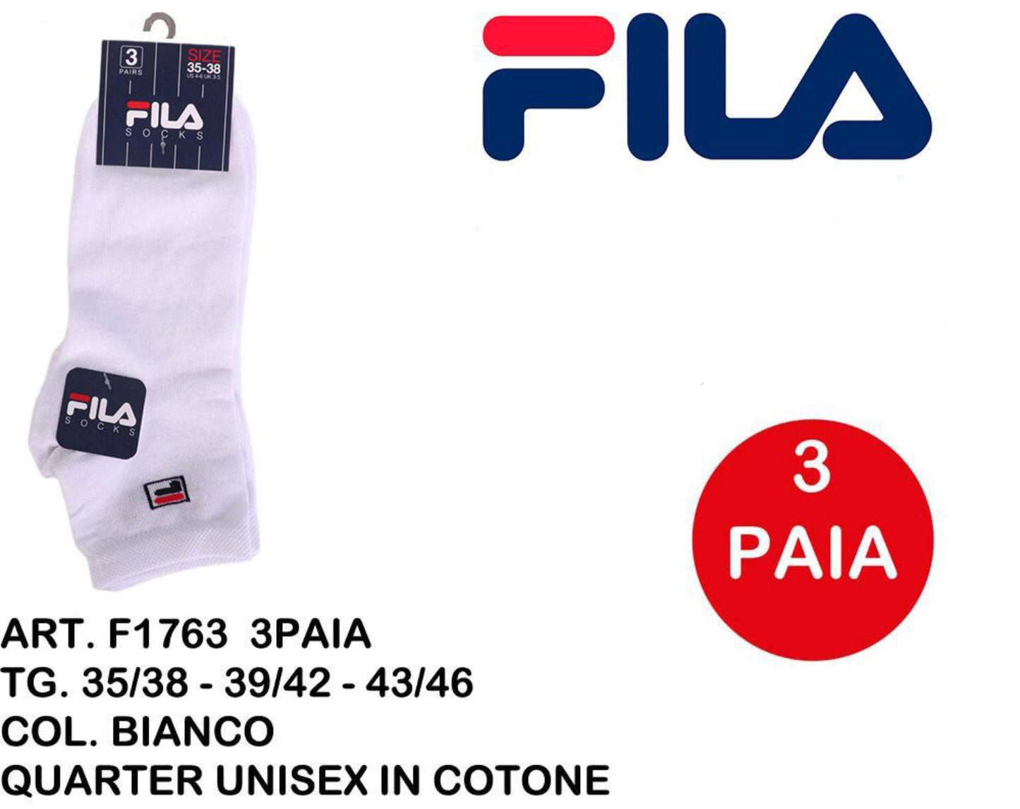 FILA calze quarter unisex in cotone bianco F1763 3paia