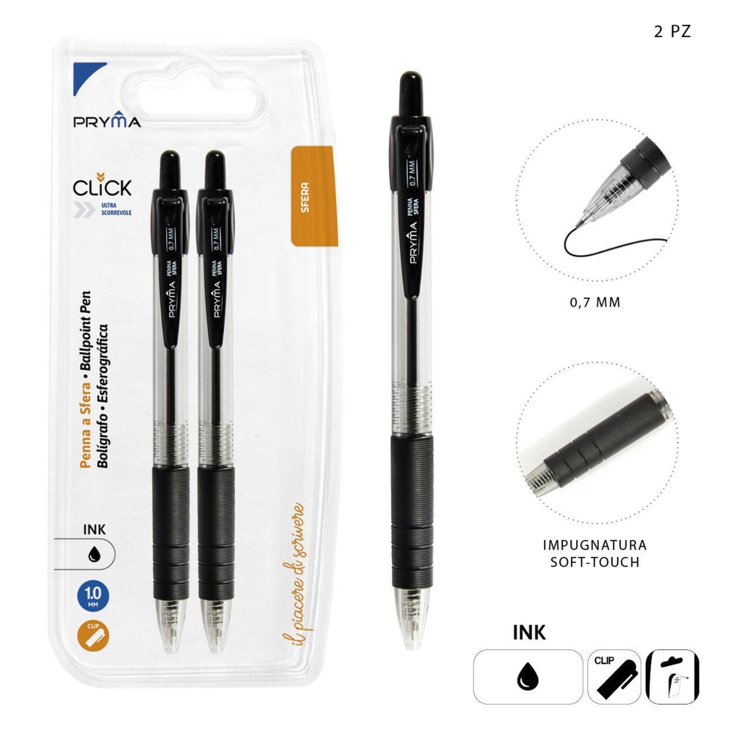 PRYMA Penna a sfera CLICK 0,7mm 2pz nero
