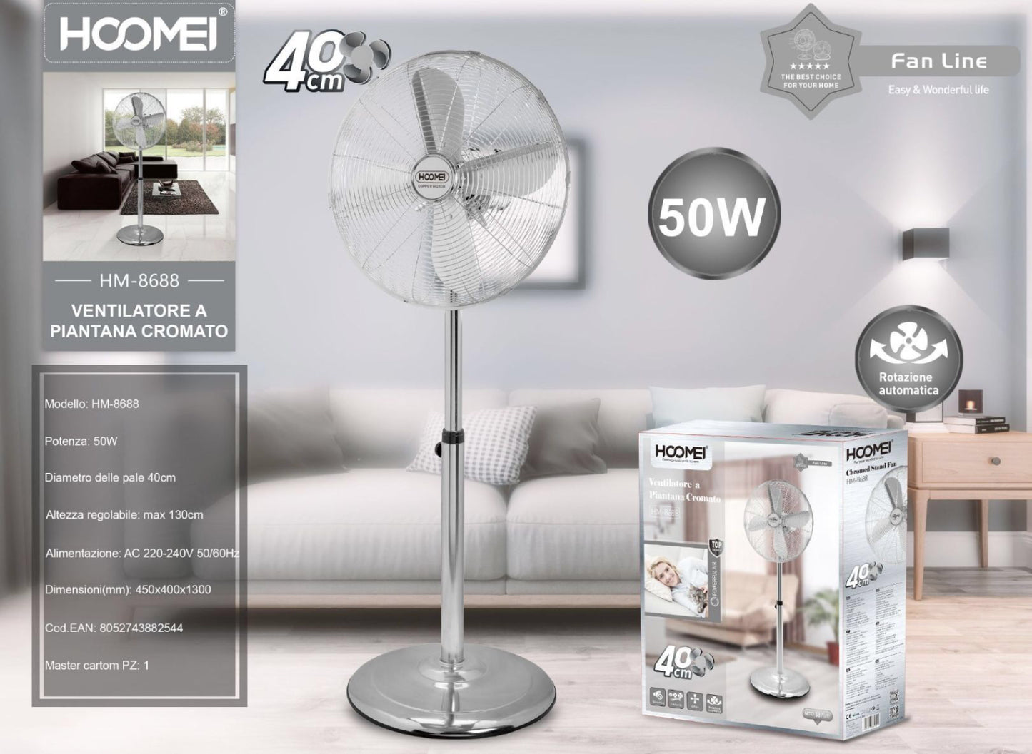 HOOMEI ventilatore cromato a piantana 50W