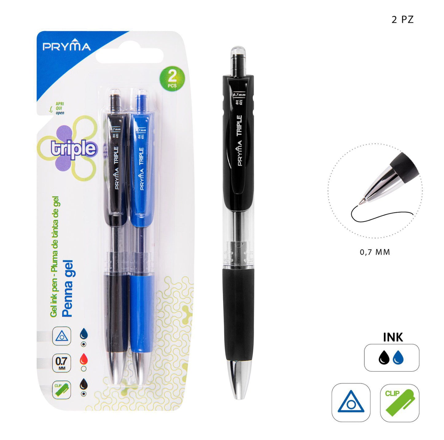 PRYMA penna gel TRIPLE 0,7mm 2pz nero&blu