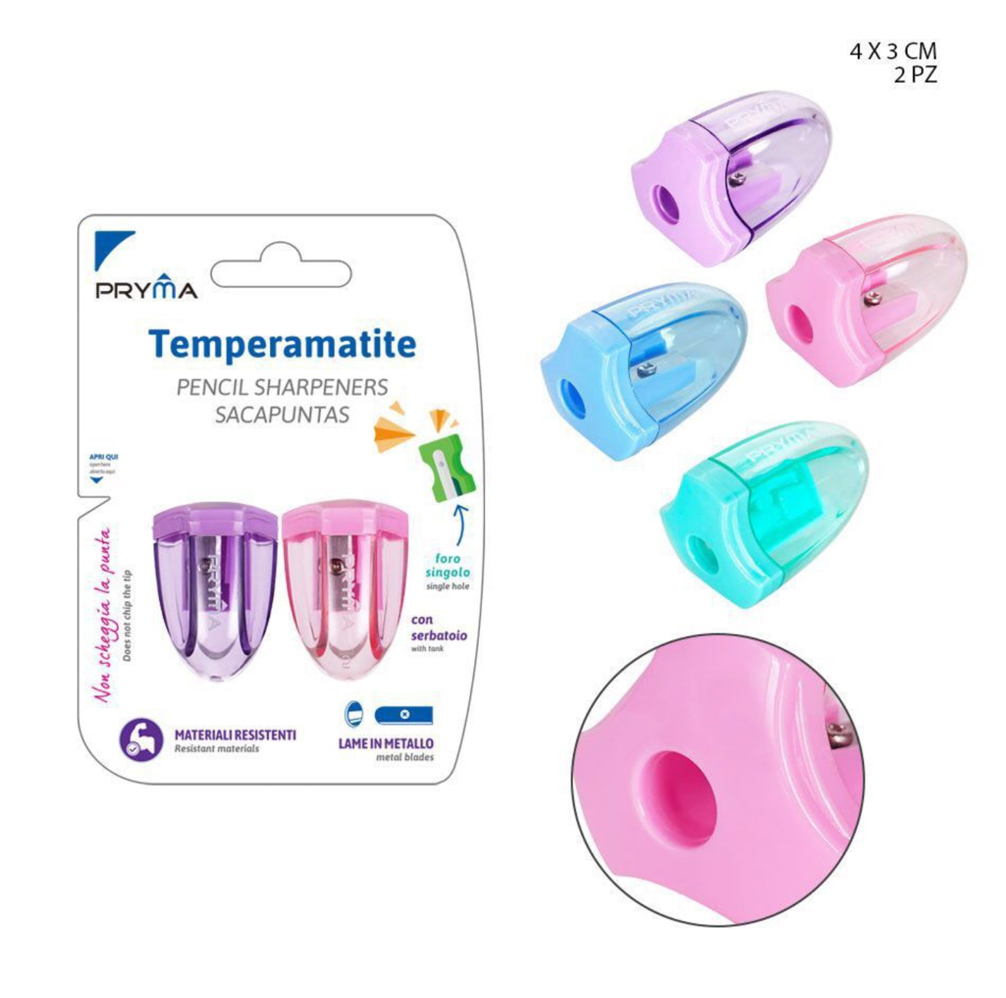 PRYMA temperino c/cont 1 foro 4x3cm 2pz