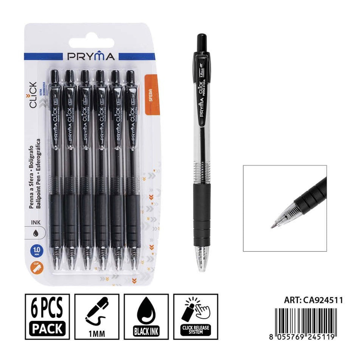 PRYMA penna a sfera scatto click 1mm 6pz nero