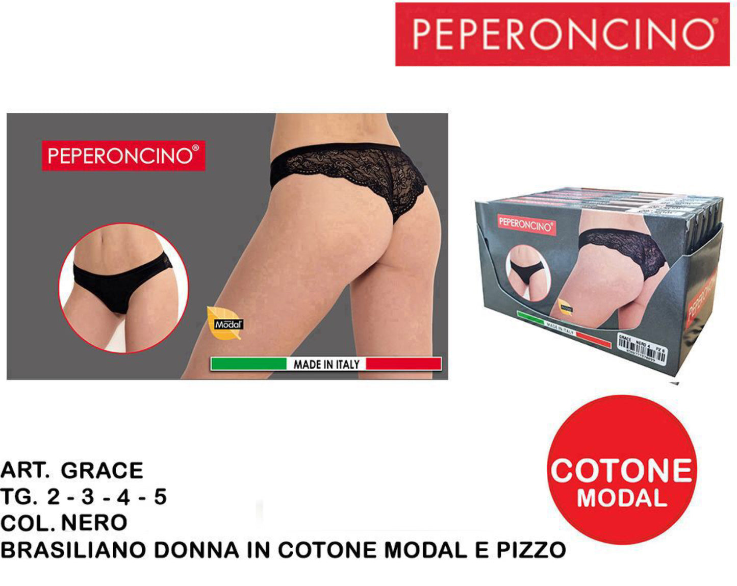 PEPERONCINO GRACE brasiliano Donna cotone pizzo nero