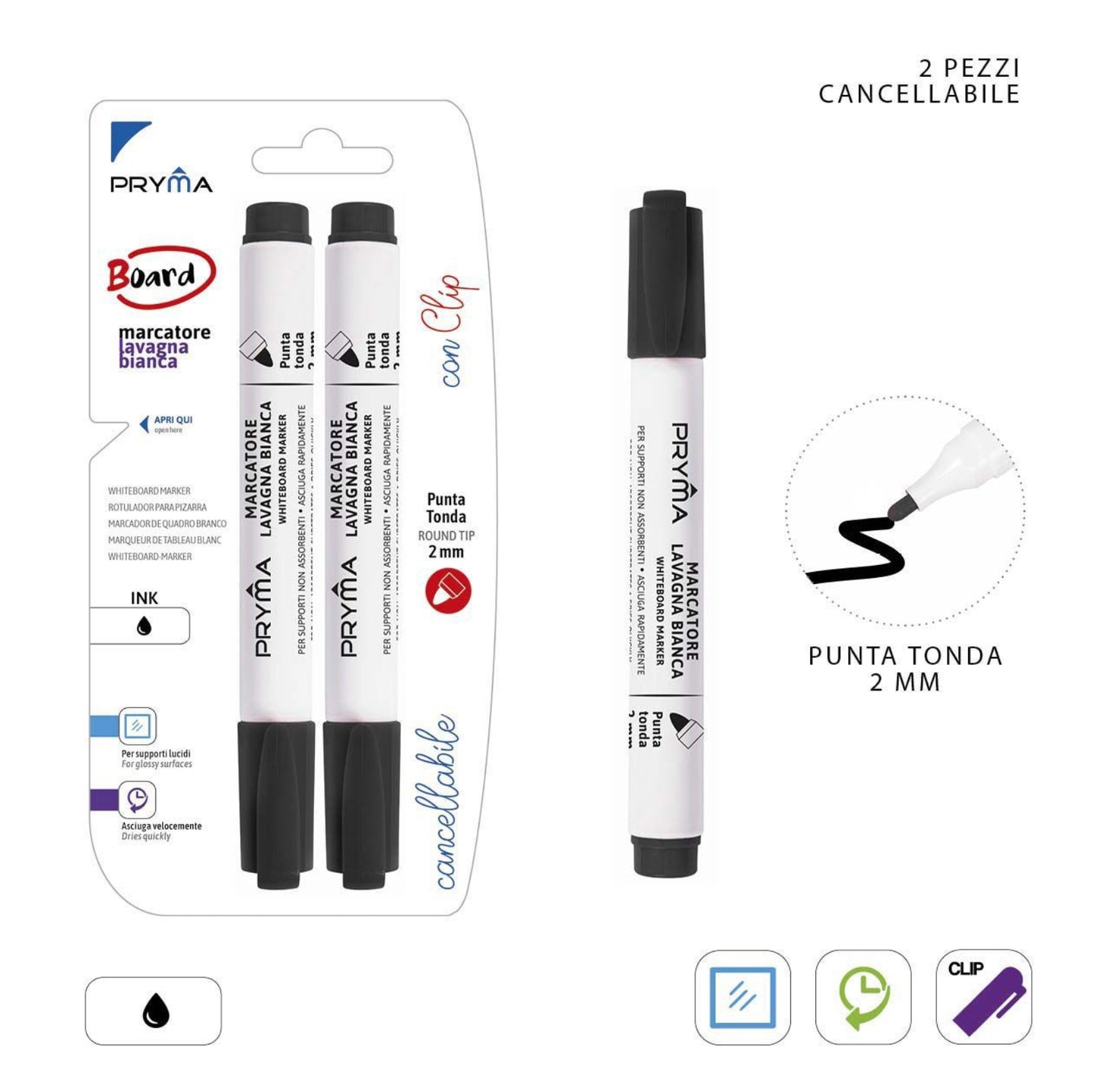 PRYMA marcatore lavagna bianca p/tonda 2mm 2pz nero