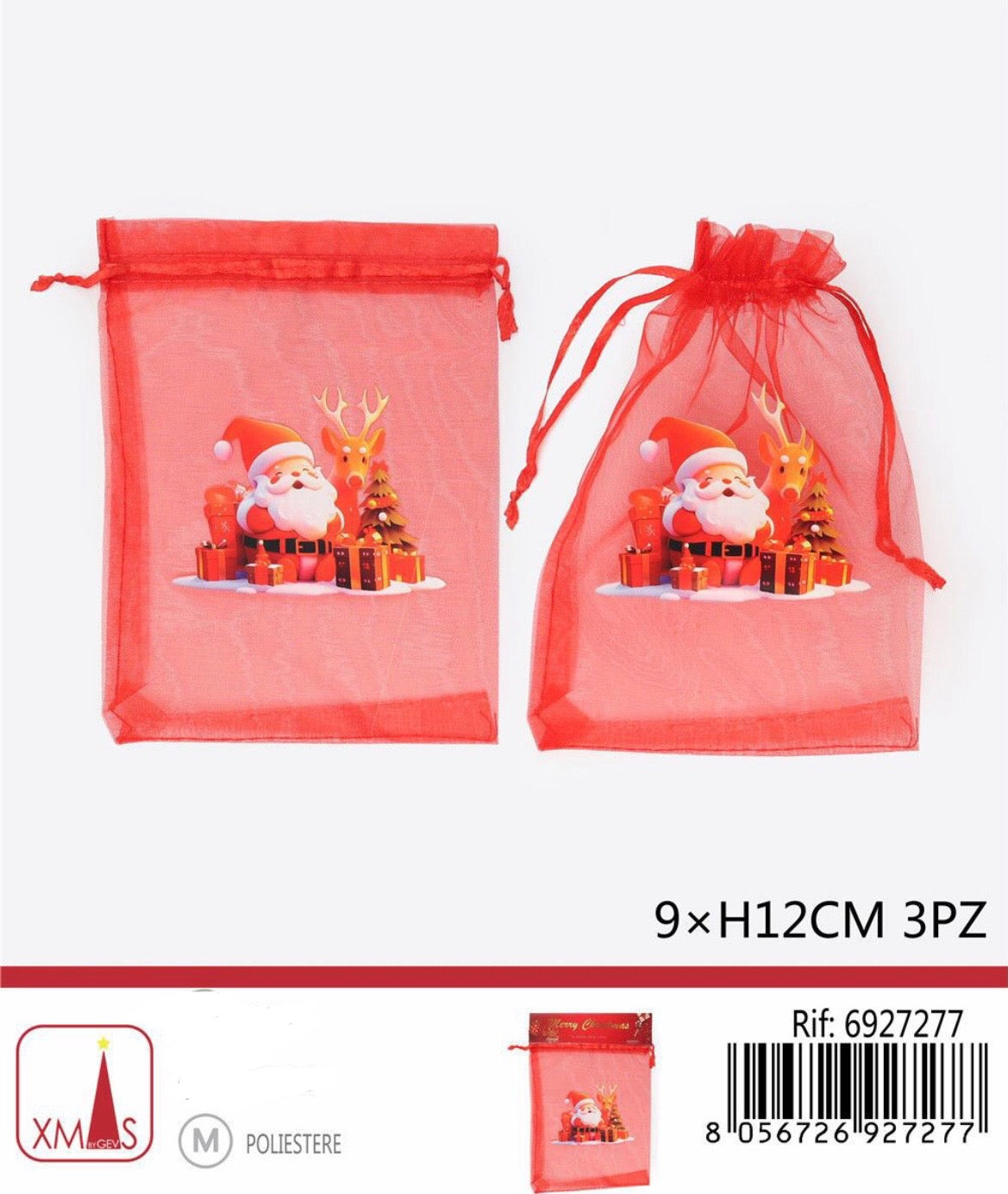 NATALIZIA sacchetto organza babbo natale 9x12cm 3pz