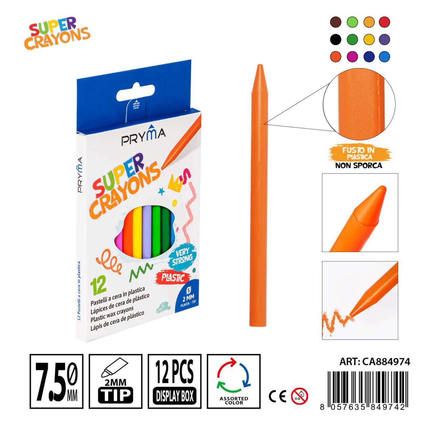 PRYMA pastelli cera plastica 7.5 x115mm 12pz color