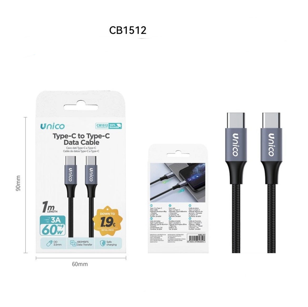 UNICO CAVO TYPE-C 3A 60W CB1512