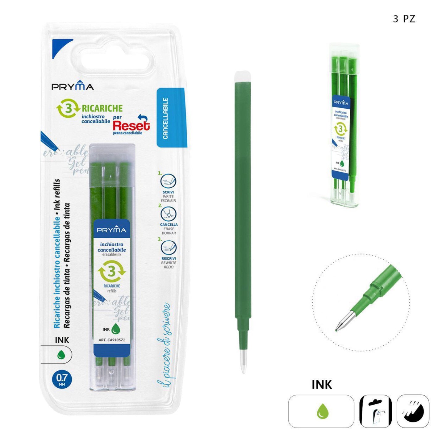 PRYMA Ricarica penna cancellabile 0,7mm3pz verde