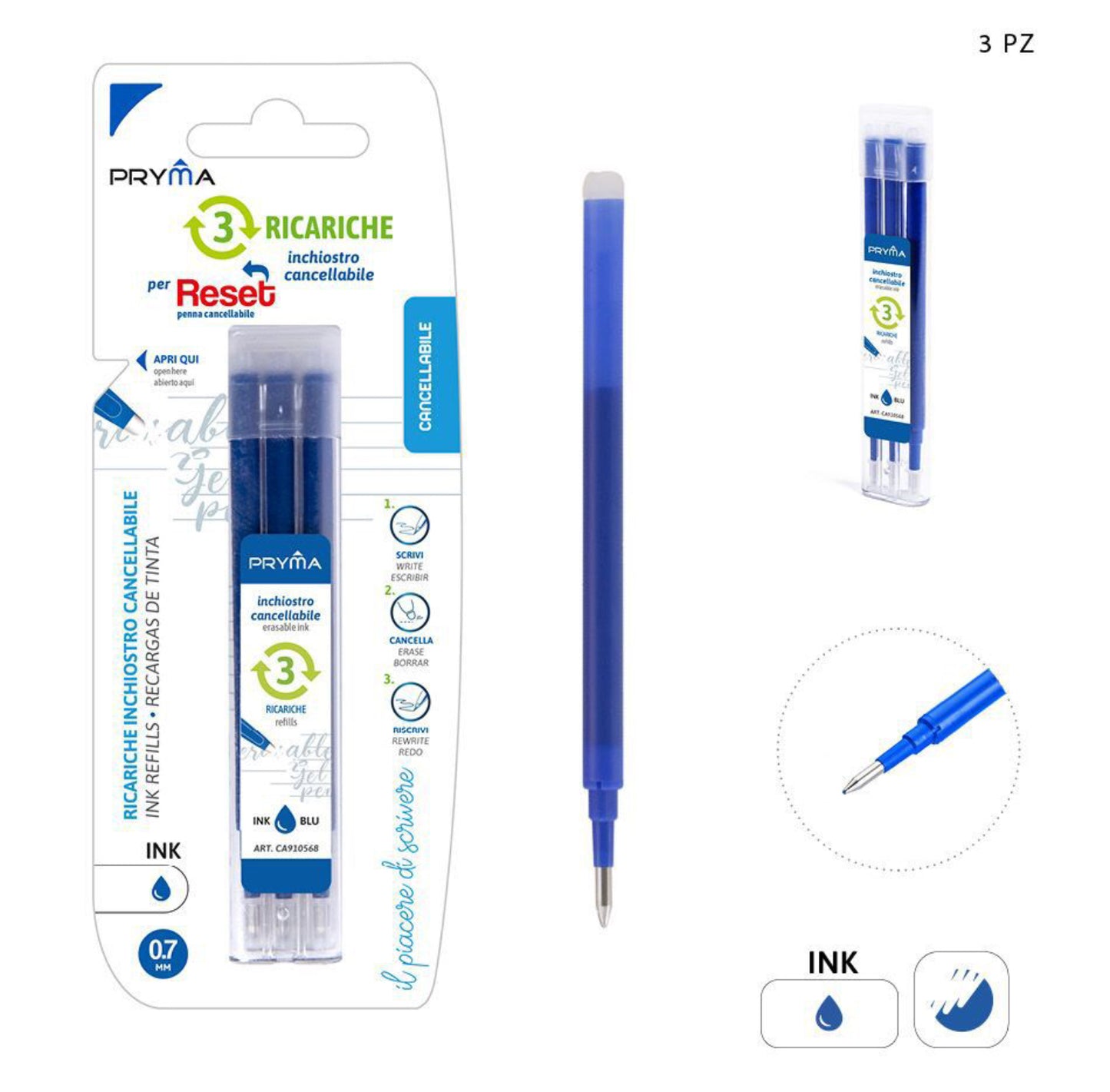 PRYMA Ricarica penna cancellabile 0,7mm 3pz  blu