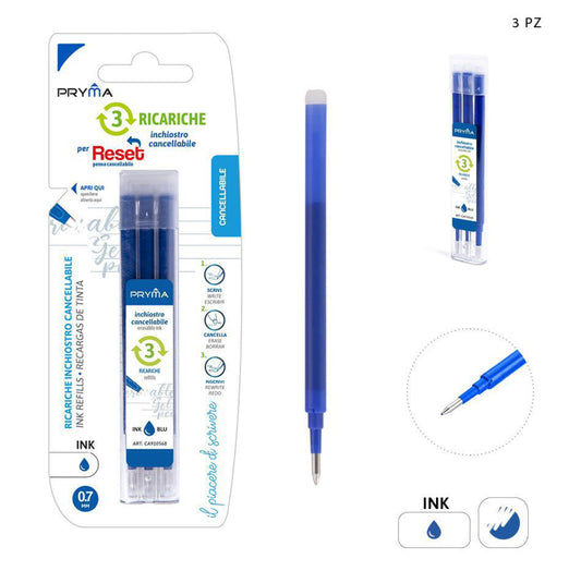 PRYMA Ricarica penna cancellabile 0,7mm 3pz  blu