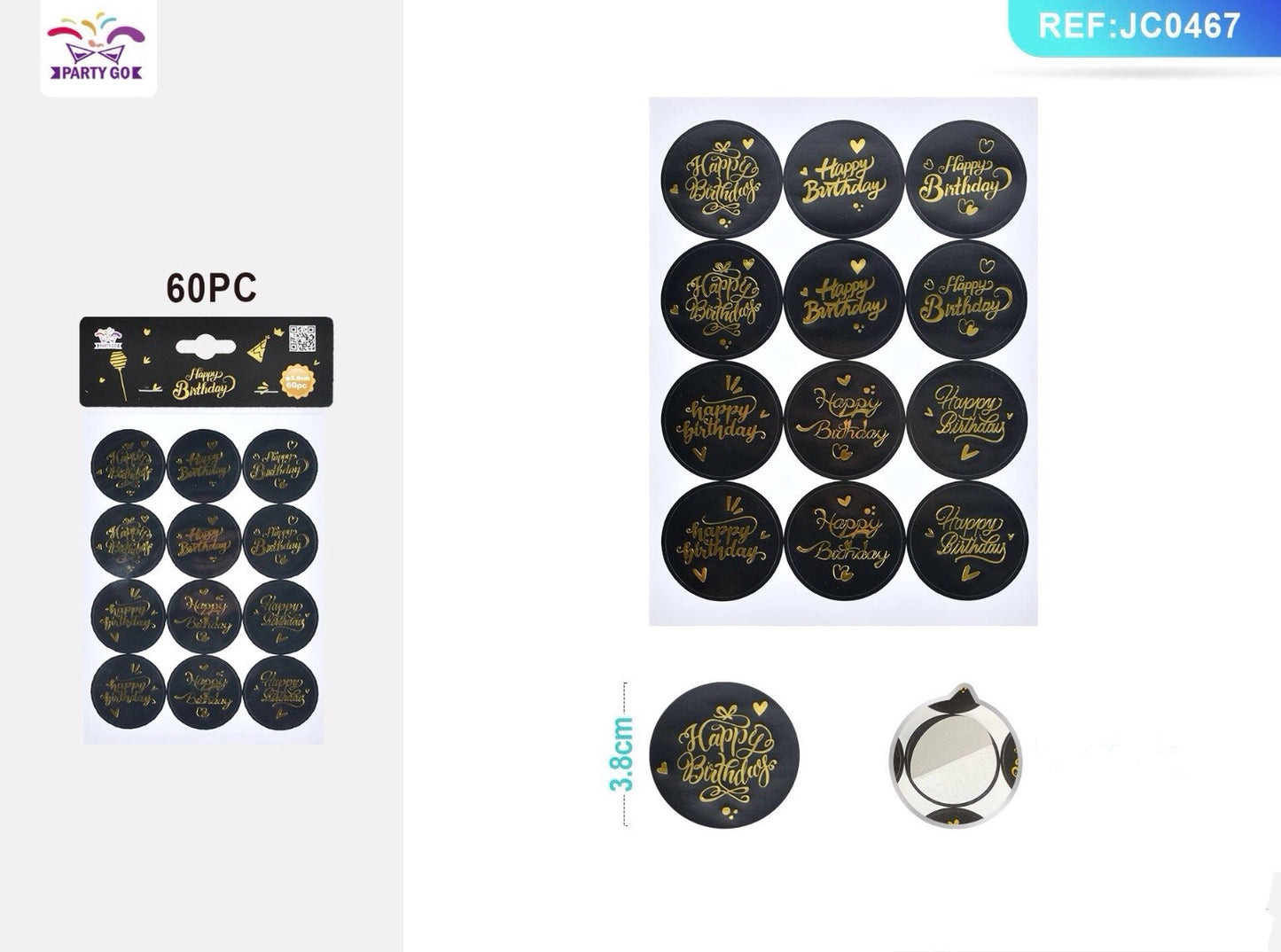 ADESIVI neri stampa happy Birthday d‘oro 3.8cm 60pz