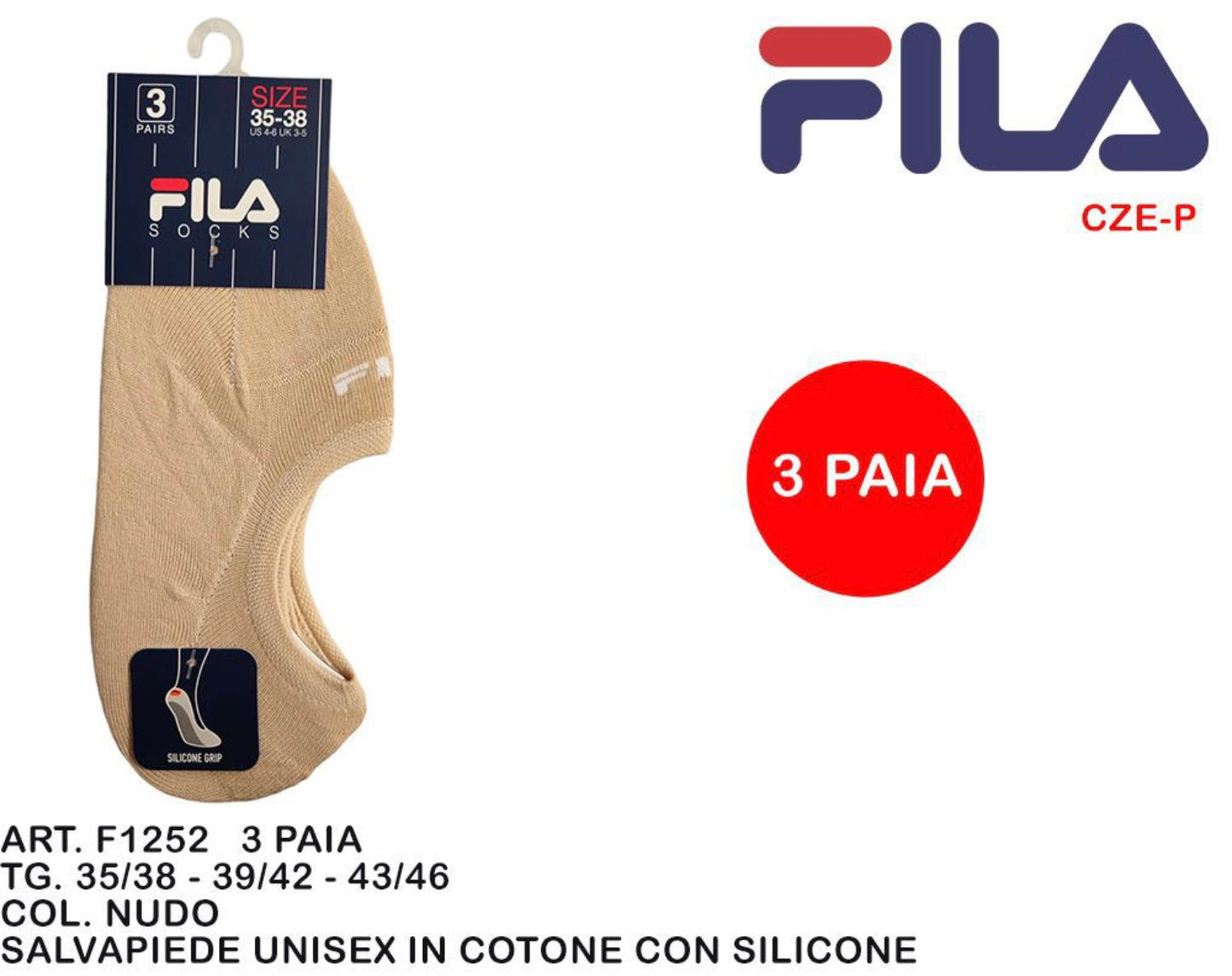 FILA salvapiede unisex in cotone con silicone F1252  3paia nudo