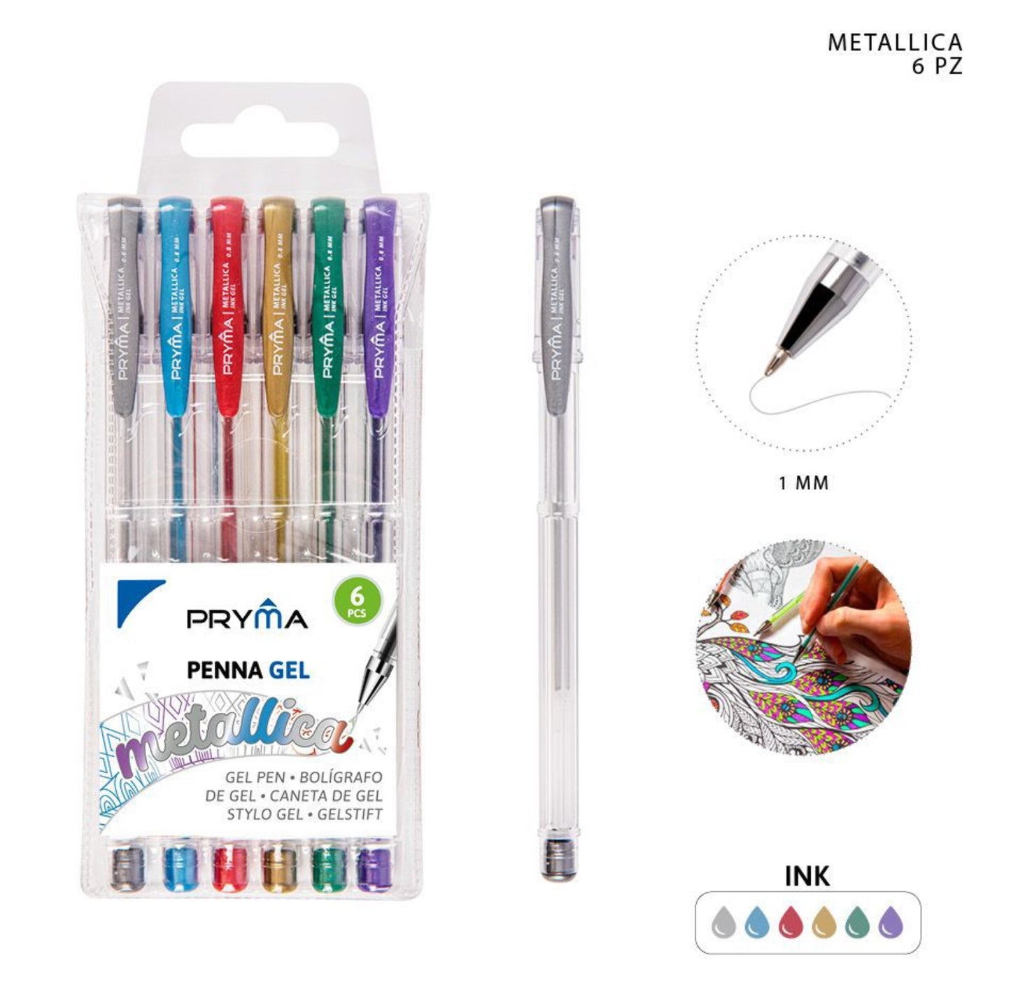 PRYMA penna gel Metallica 1mm 6pz