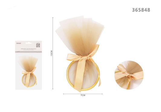 ADDOBBI BOMBONIERA CERCHIO CON VELO ORO