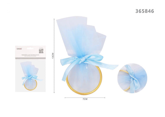 ADDOBBI BOMBONIERA CERCHIO CON VELO CELESTE