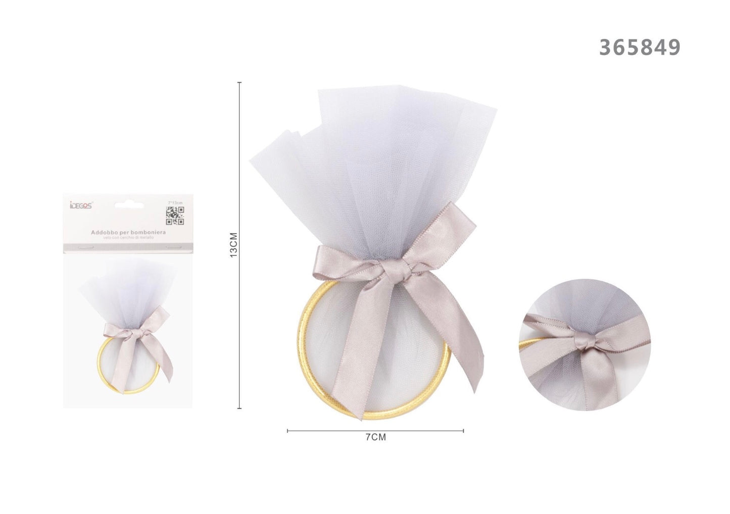 ADDOBBI BOMBONIERA CERCHIO CON VELO GRIGGIO ARGENTO