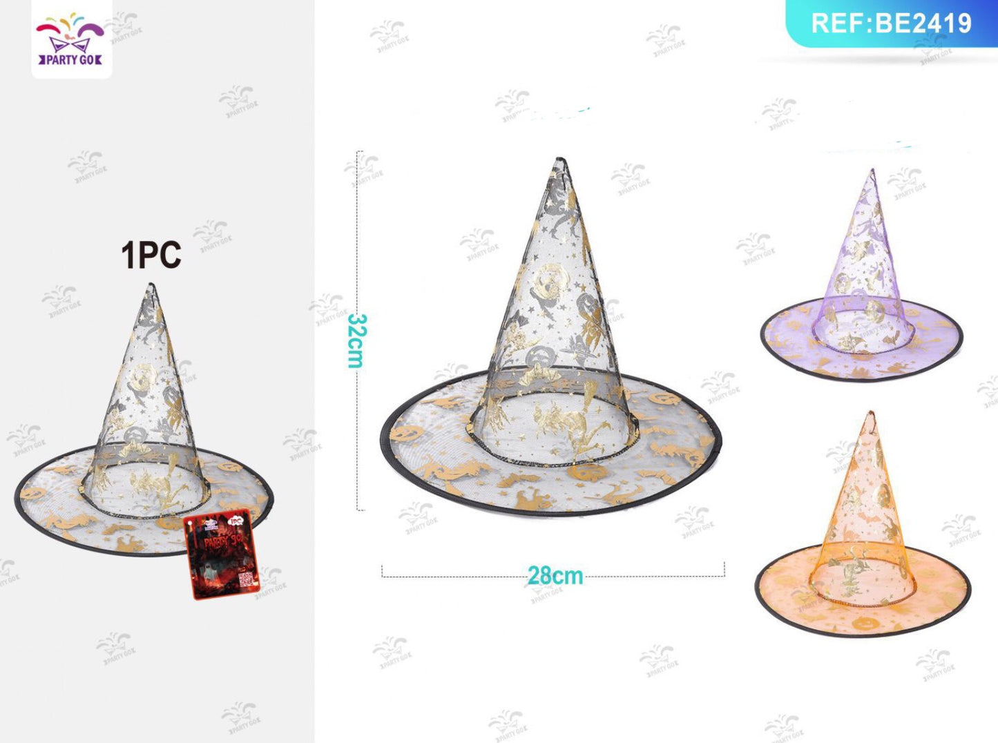 HALLOWEEN cappello triangolare trasparente con stampa dorata per bambine 32x28cm