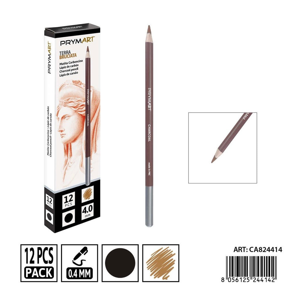 PRYMA MATITA CARBONCINO D.4MM TERRA BRUCIATA 12PZ