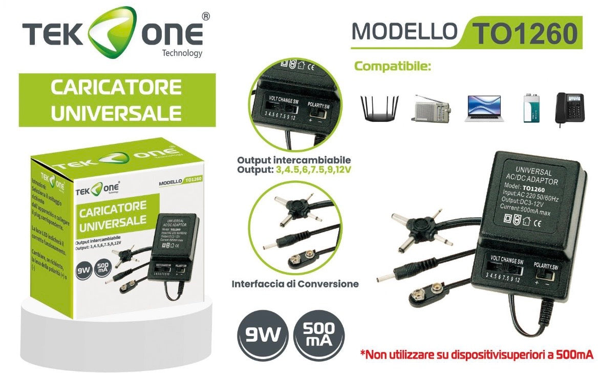 TEK ONE CARICATORE UNIVERSALE OUTPUT INTERCAMBIABILE  TO1260