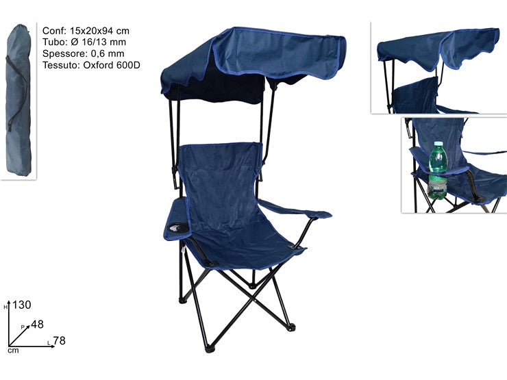 SEDIA CAMPING PIEGHEVOLE CON PARASOLE BLU