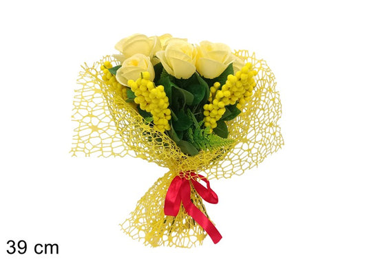 MAZZO ROSE GIALLE CON MIMOSA  39CM