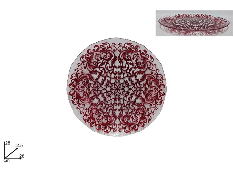 Piatto vetro decoro damasco rosso 28cm