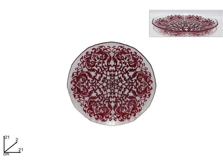 Piatto vetro decoro damasco rosso 21cm