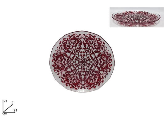 Piatto vetro decoro damasco rosso 21cm