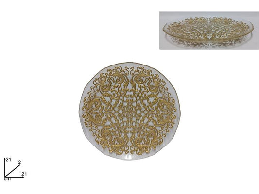 Piatto vetro decoro damasco oro 21cm