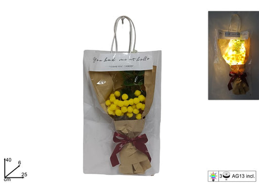 BUSTA REGALO CON BOUQUI MIMOSA CON LUCE   40X25CM