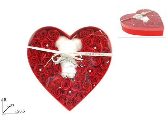 SCATOLA CUORE ORSETTO  39 ROSE ROSSE
