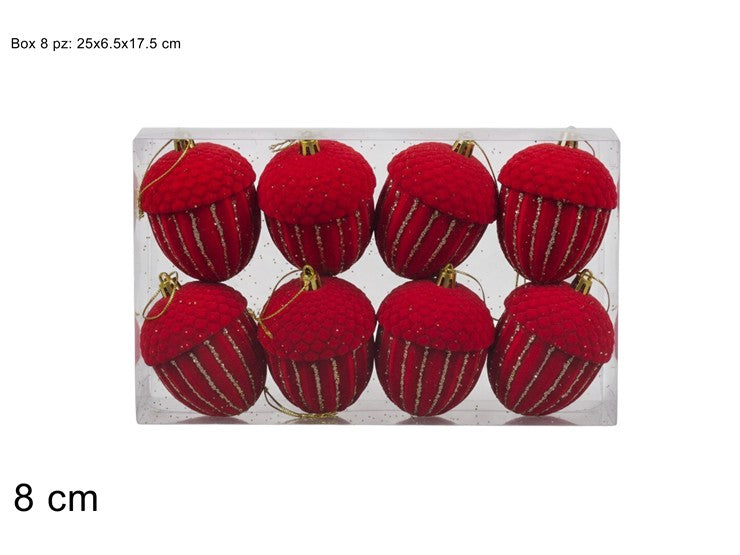 NATALIZIA GHIANDE SET 8PZ ROSSO VELLUTO C GLITTER ORO IN BOX