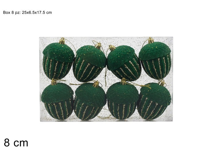 NATALIZIA GHIANDE SET 8PZ VERDE VELLUTO C GLITTER ORO IN BOX