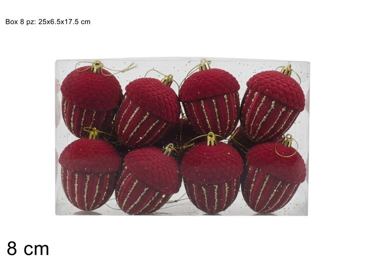 NATALIZIA GHIANDE SET 8PZ BORDEAUX VELLUTO C GLITTER ORO IN BOX