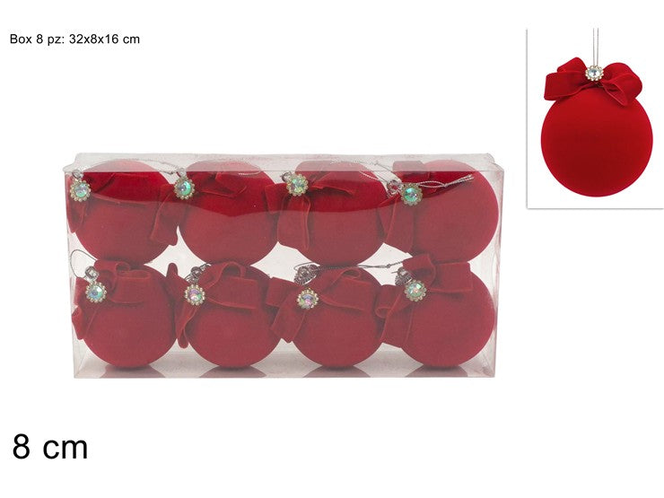 NATALIZIA PALLE 8 CM SET 8PZ ROSSO VELLUTO C FIOCCO IN PVC BOX