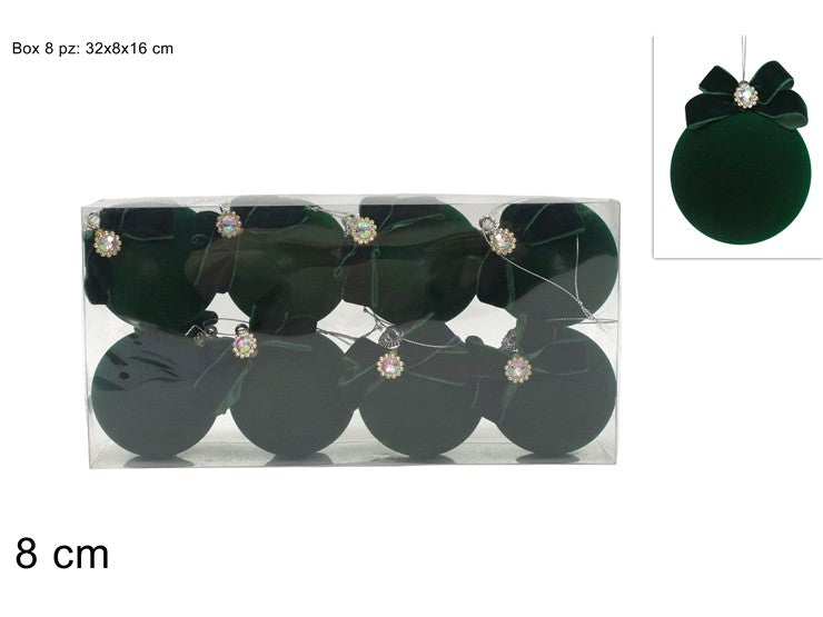 NATALIZIA PALLE 8 CM SET 8PZ VERDE VELLUTO C FIOCCO IN PVC BOX