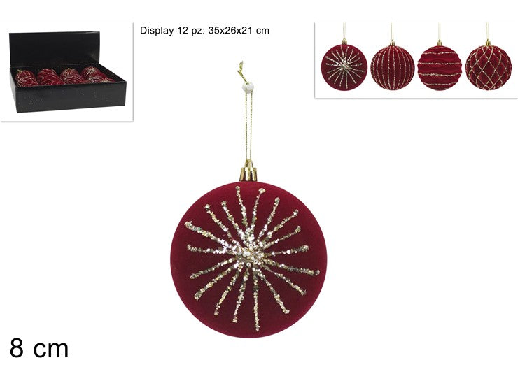 NATALIZIA PALLA 8CM VELLUTO BORDEAUX C GLITTER ORO