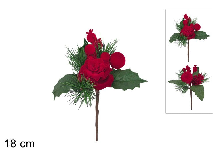 NATALIZIA SPILLONE 18CM C BACCHE EFFETTO VELLUTO ROSSO
