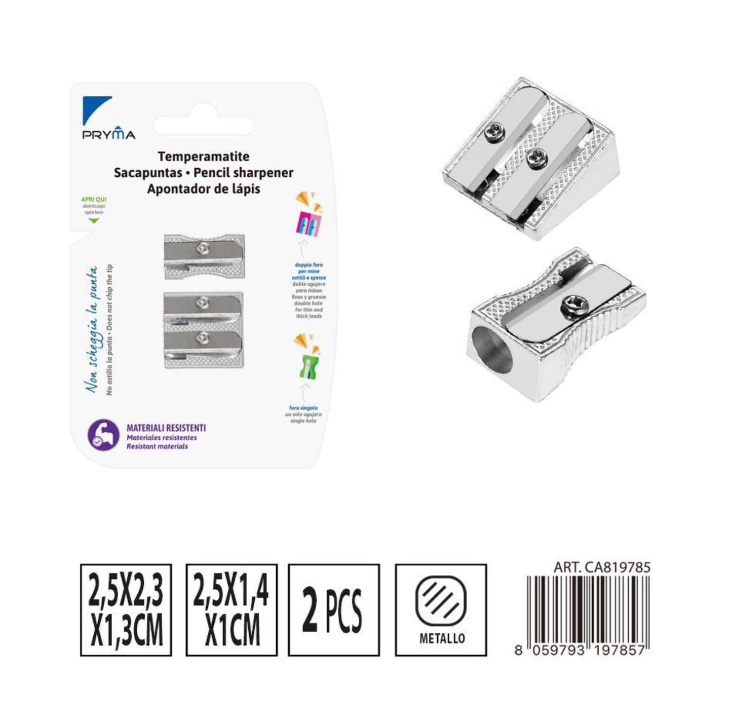 PRYMA temperino metallo  1foro 1.4cm  2fori 2.3cm 2pz
