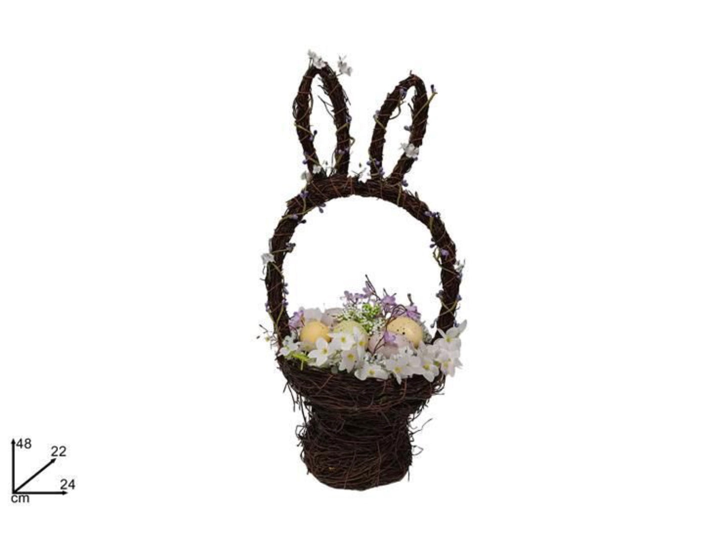 PASQUA cesto legno coniglio con uova e fiori H48cm